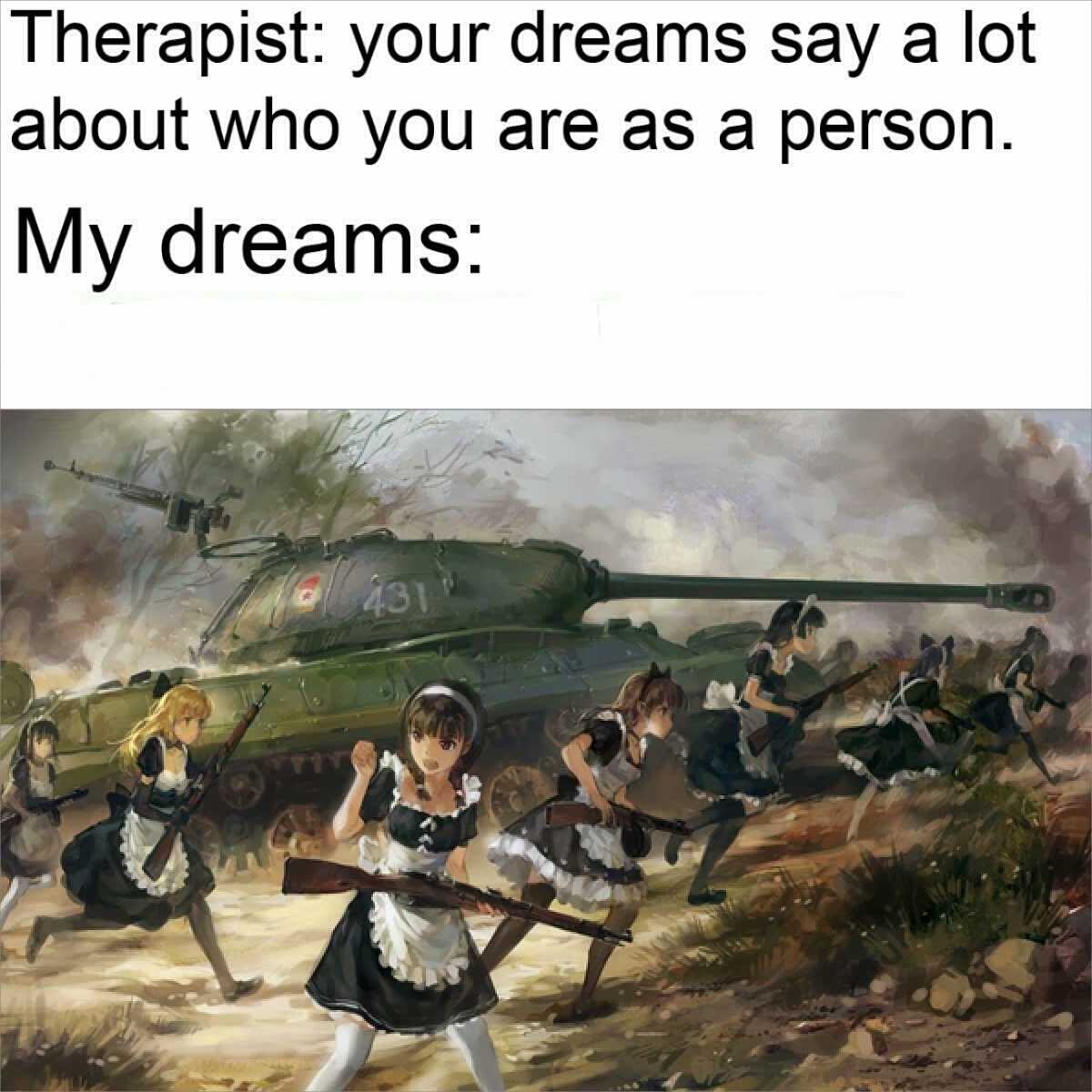 there is a painting of a woman holding a gun in front of a tank