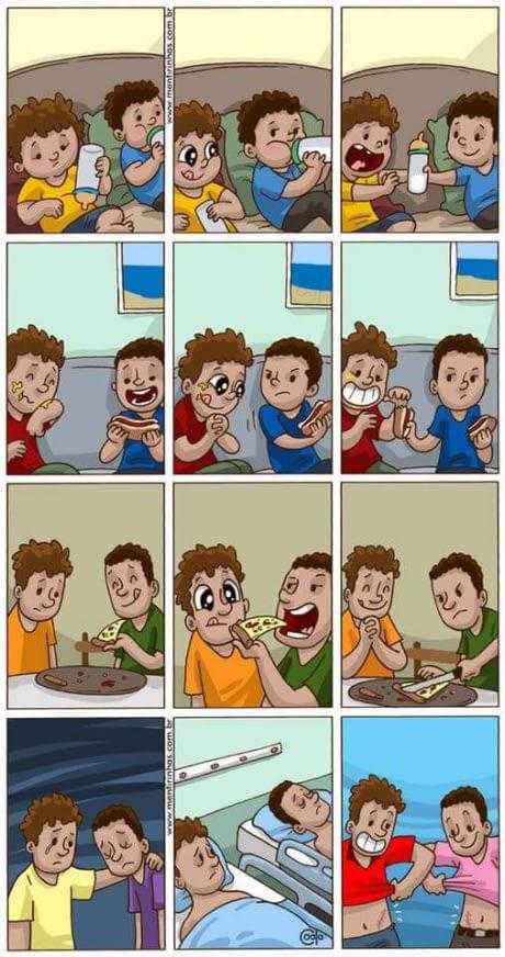 a cartoon of a comic strip with a man eating a sandwich