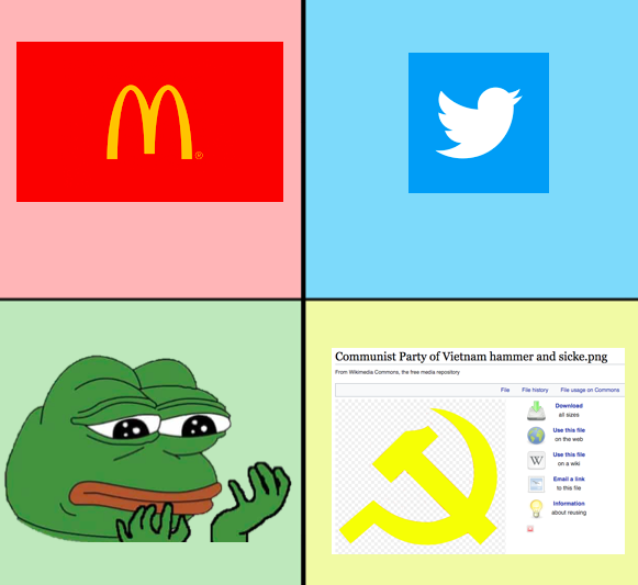 four different logos of different countries with a hammer and sick frog