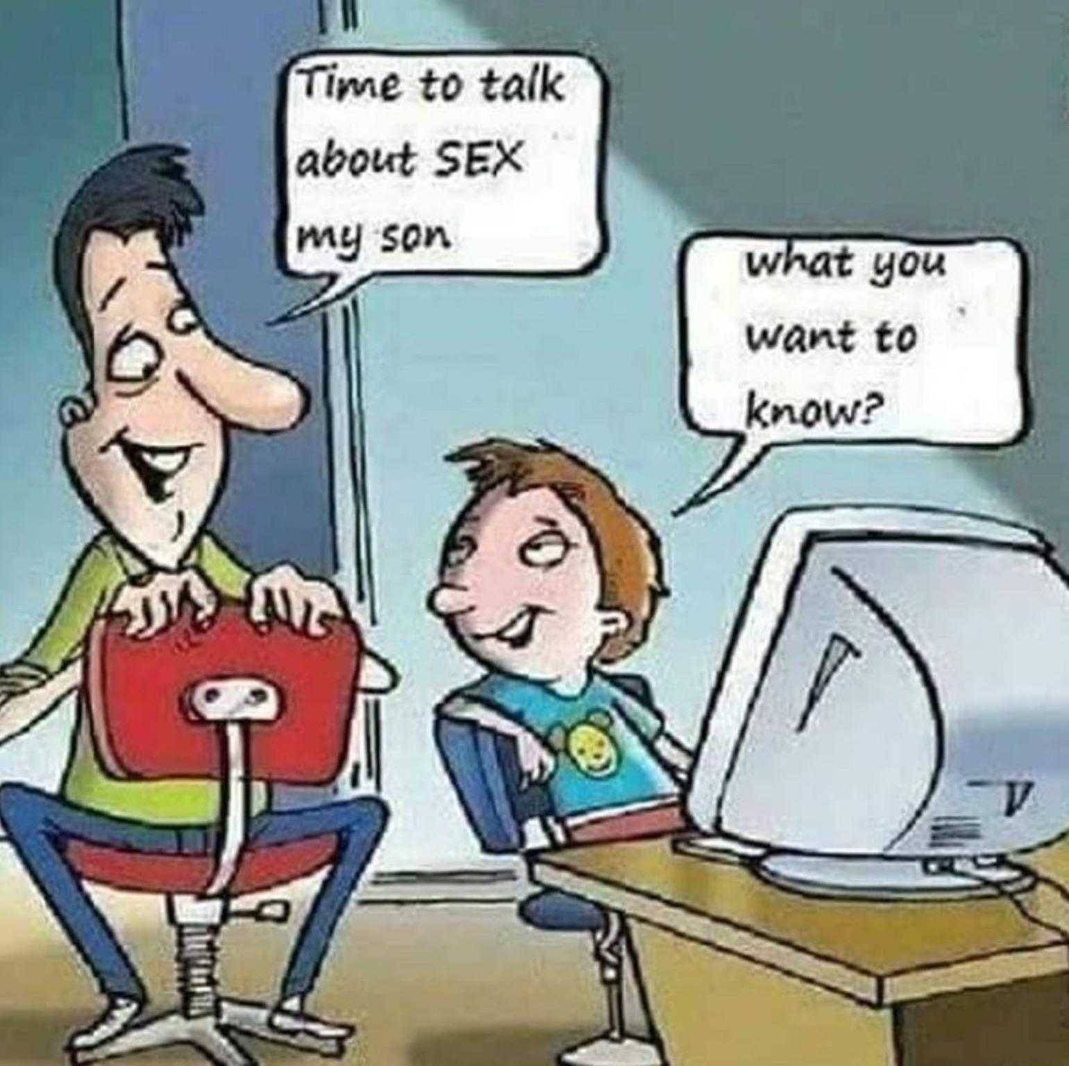 cartoon of a man and a boy sitting in front of a computer