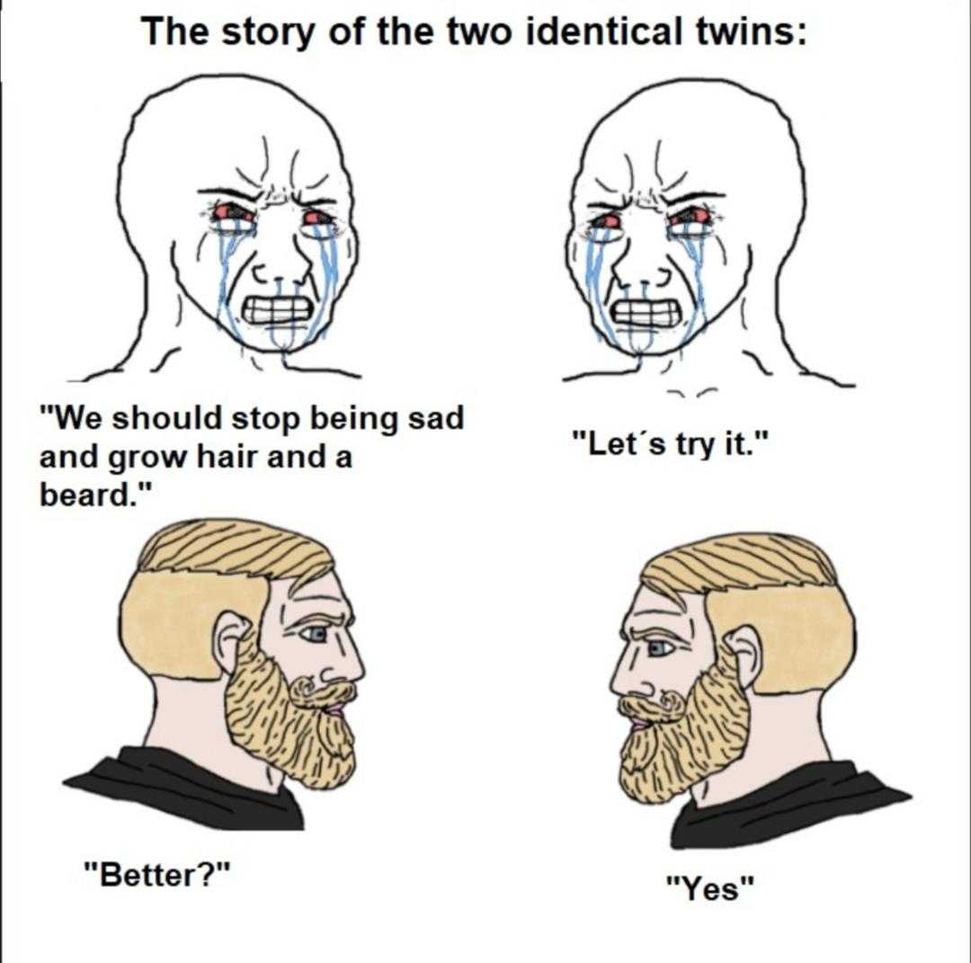 a cartoon drawing of two identical twins with a beard and a beard