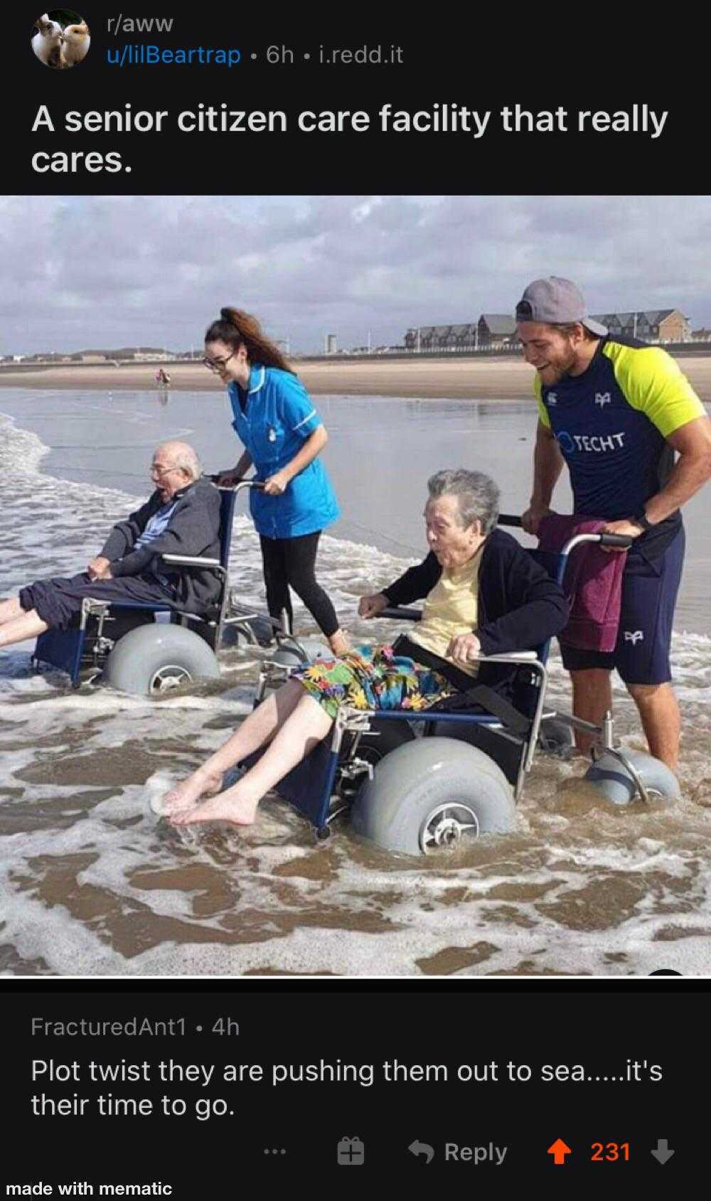 a group of people in wheelchairs on the beach with a man in a wheelchair