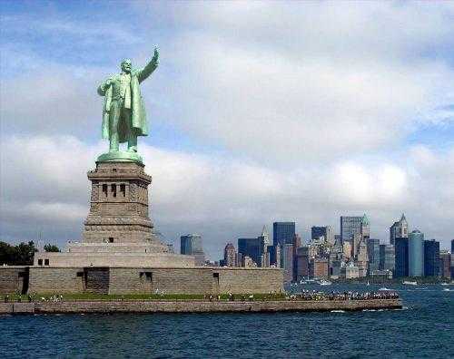 statue of liberty in front of the city skyline