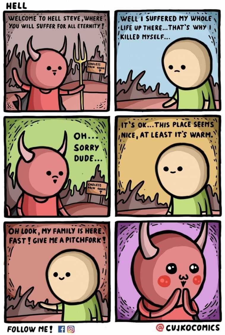 a comic strip with a cartoon of a devil and a demon