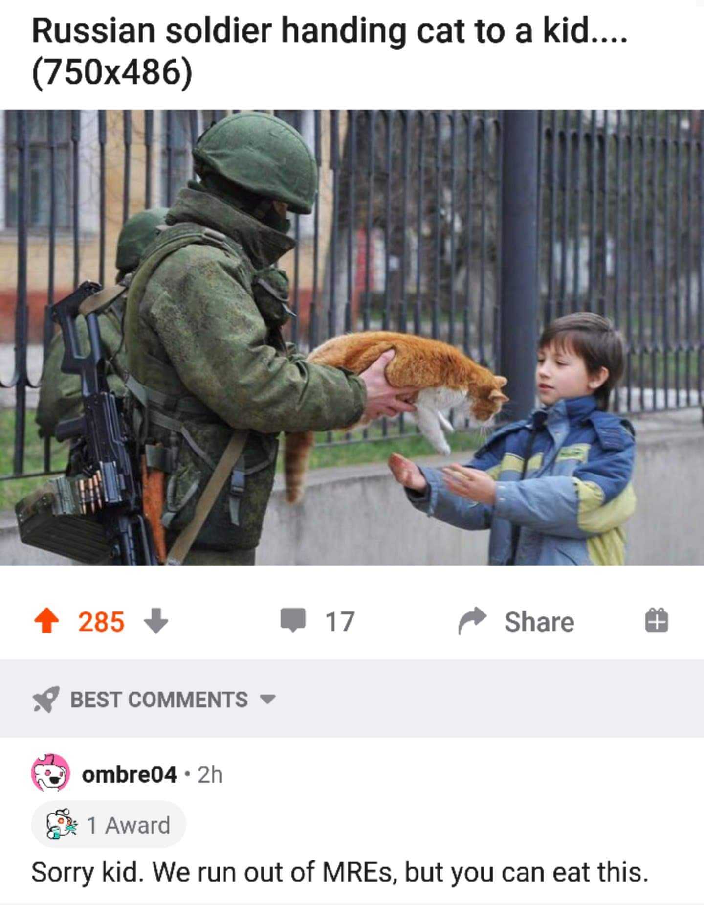 someone is giving a teddy bear to a child in a military uniform