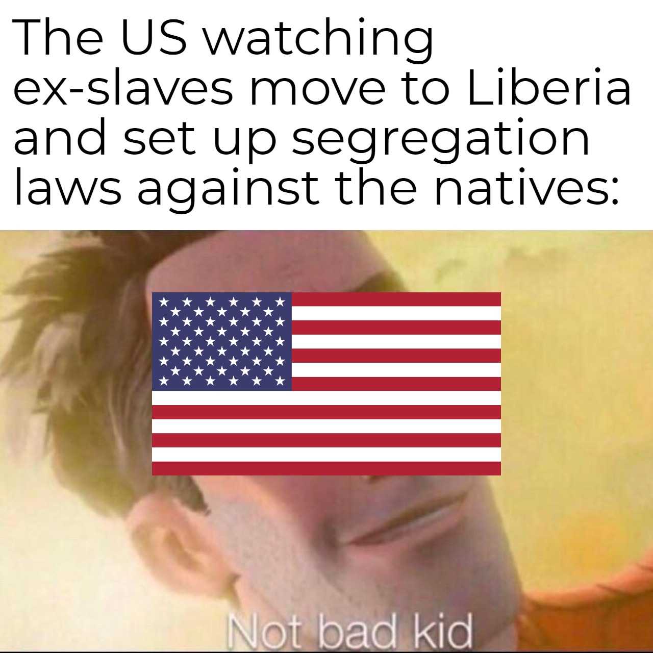 man with a flag on his forehead and the caption of the us watching the exlayers move to liberia and set up segregation