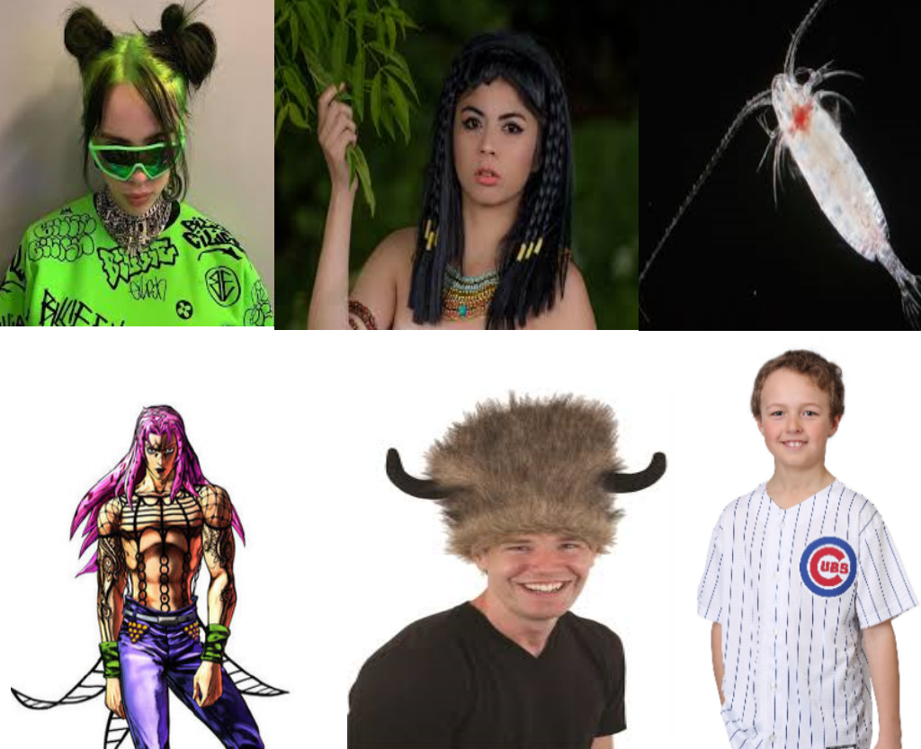 several pictures of people with different costumes and hair styles