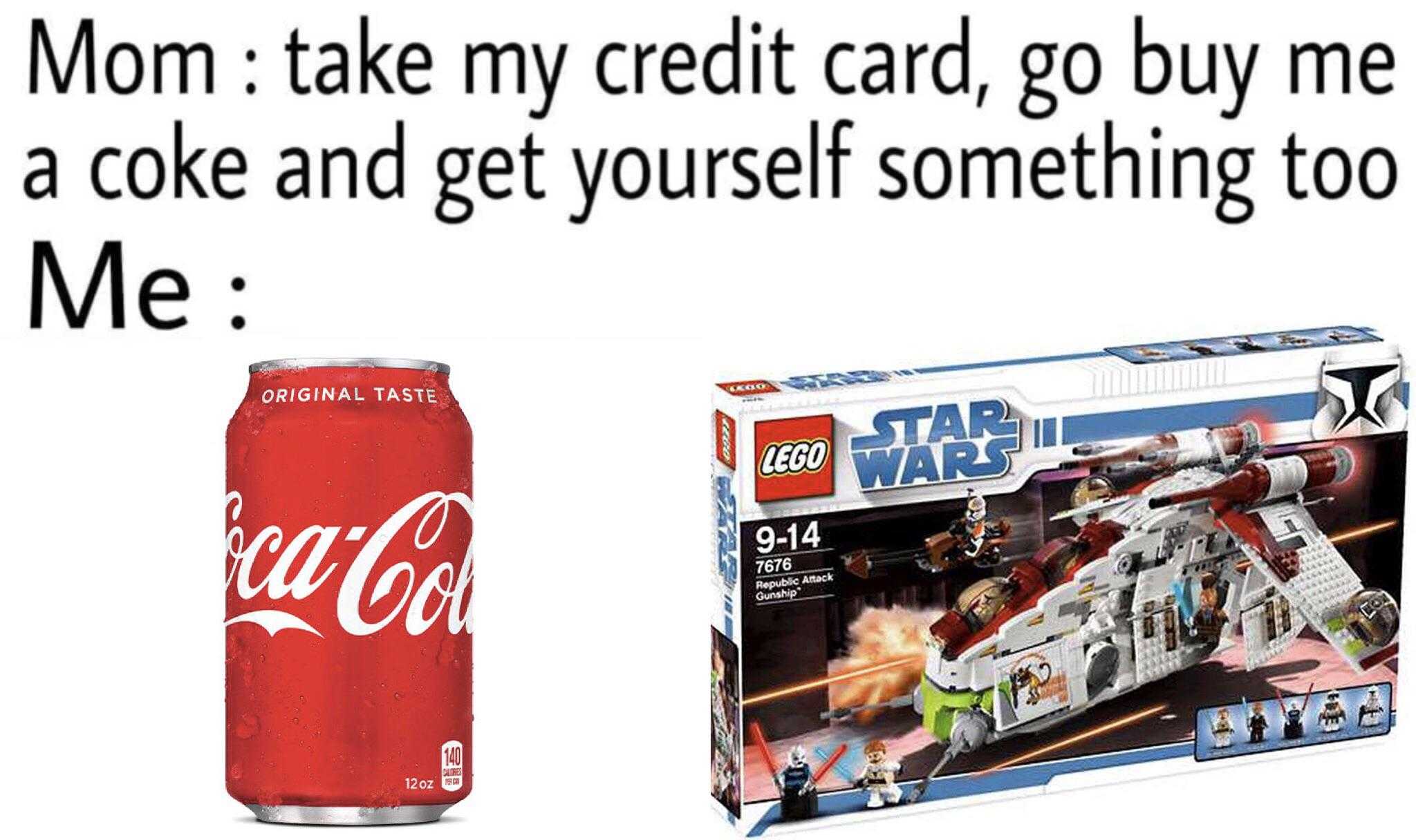 a close up of a soda can and a lego star wars millennium war vehicle