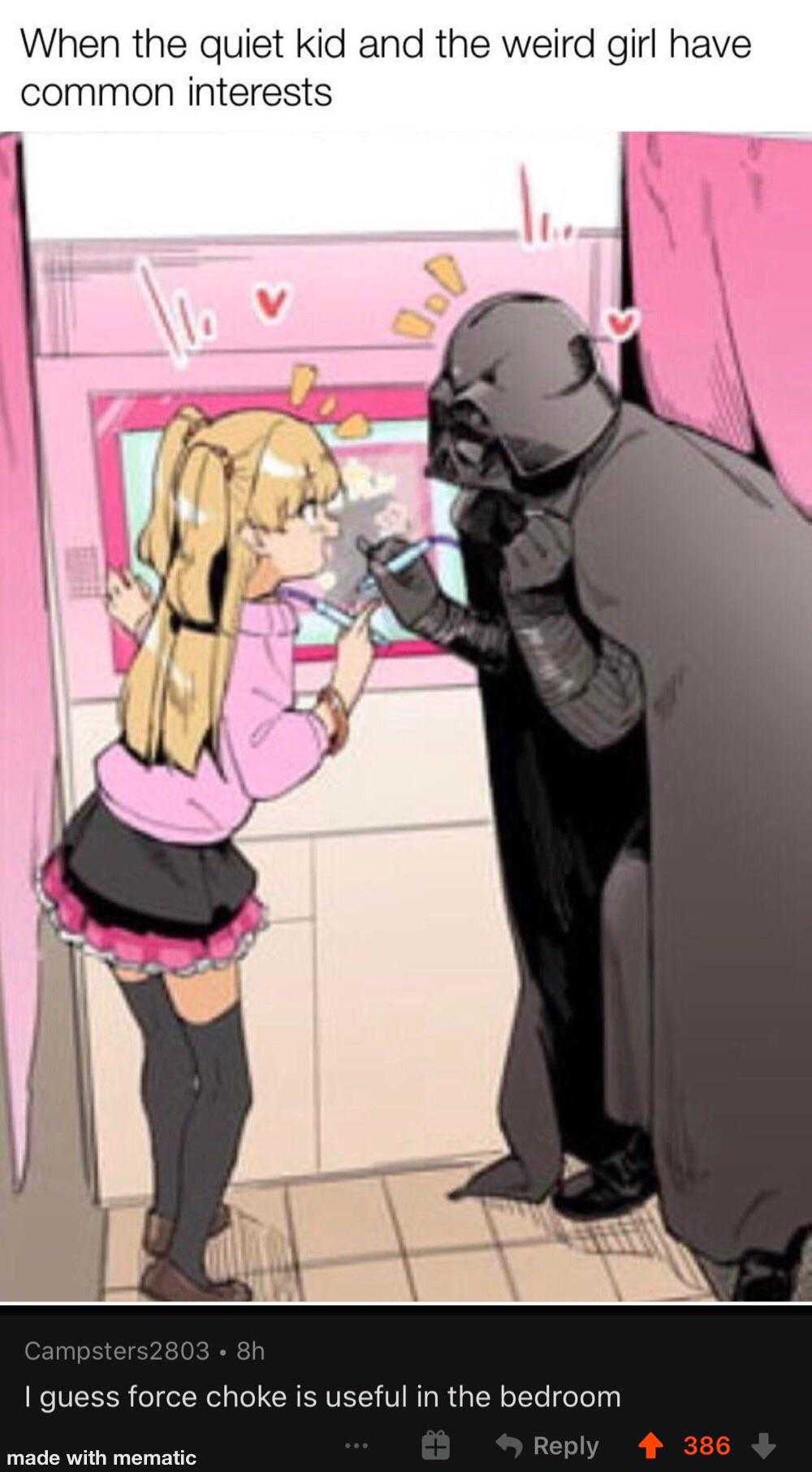 a cartoon of a girl and darth vader are talking to each other