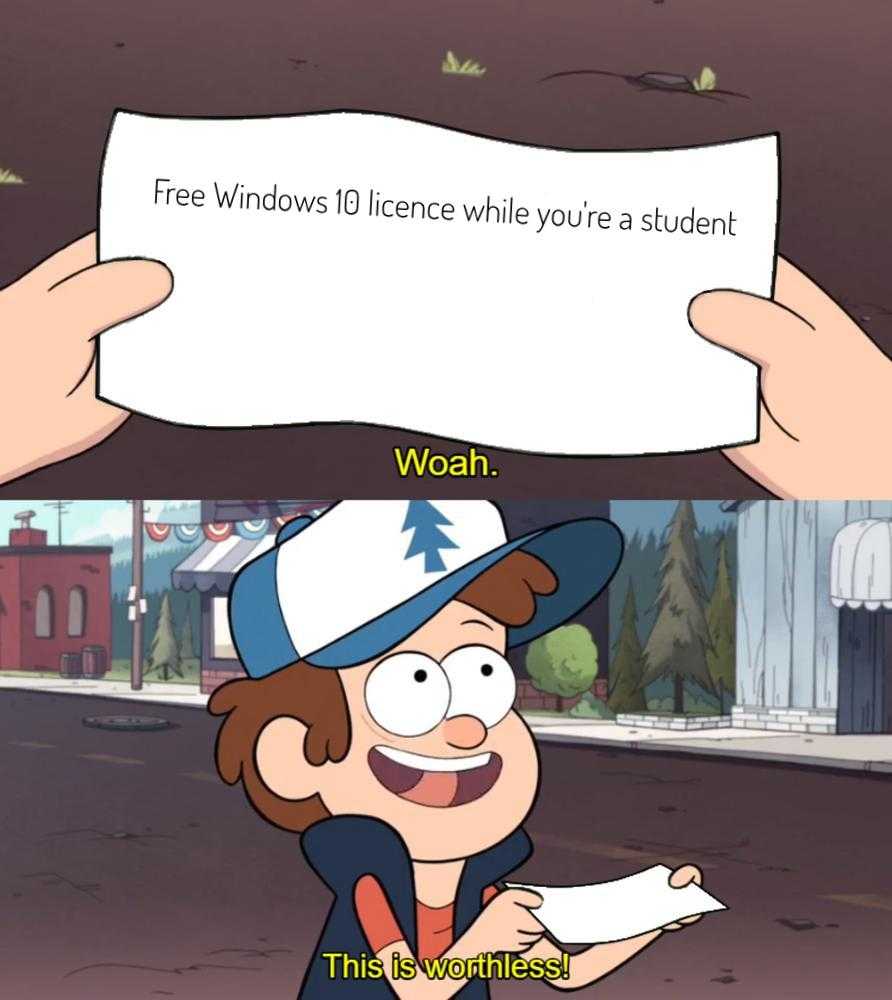 cartoon of a man holding a piece of paper with a caption saying, free windows 10 incce while