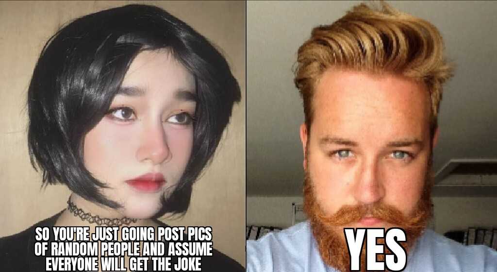 there are two pictures of a man with a beard and a woman with a fake mustache