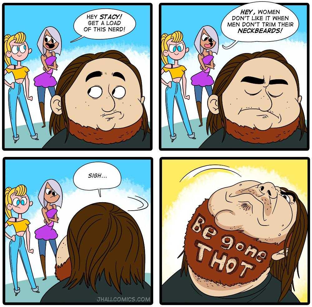 a comic strip with a man with a beard and a woman with a beard