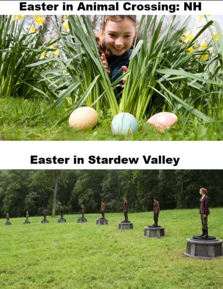 two pictures of a child playing with easter eggs in a field