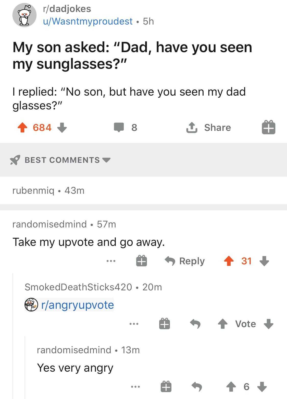 a screenshot of a twee with a message that reads, ' my son asked dad, have you seen my sunglasses? '