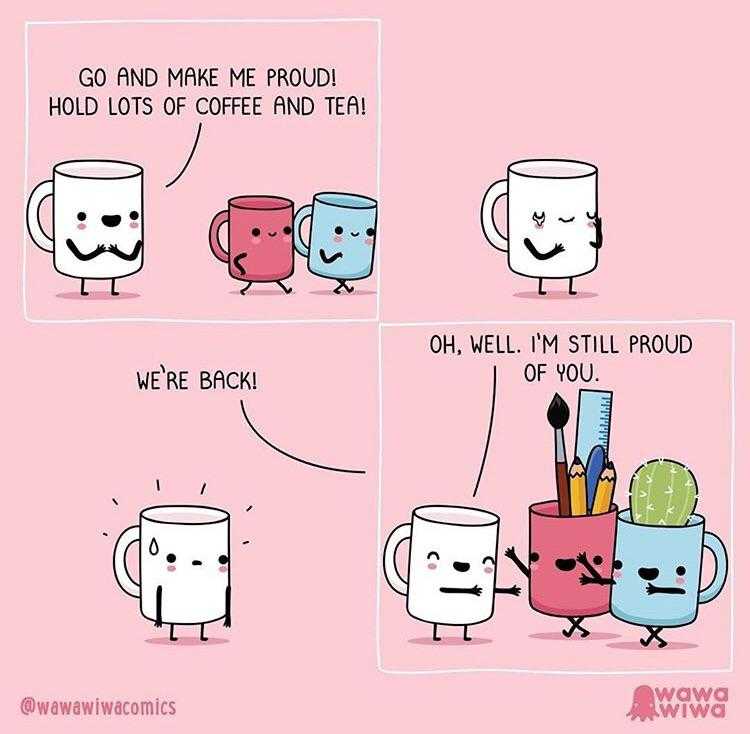 a cartoon of a cup of coffee and a mug of tea