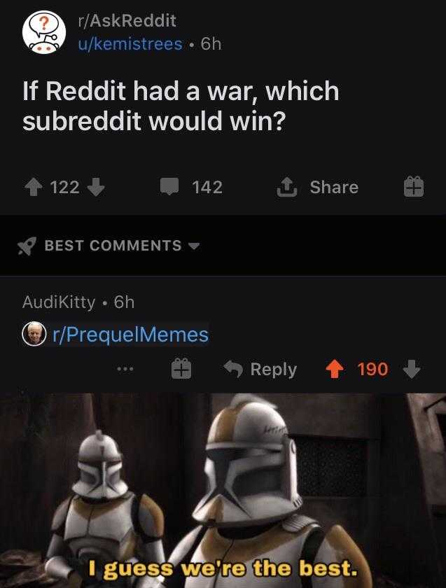 a screenshot of a star wars scene with a text that reads, if reddit had a war, which