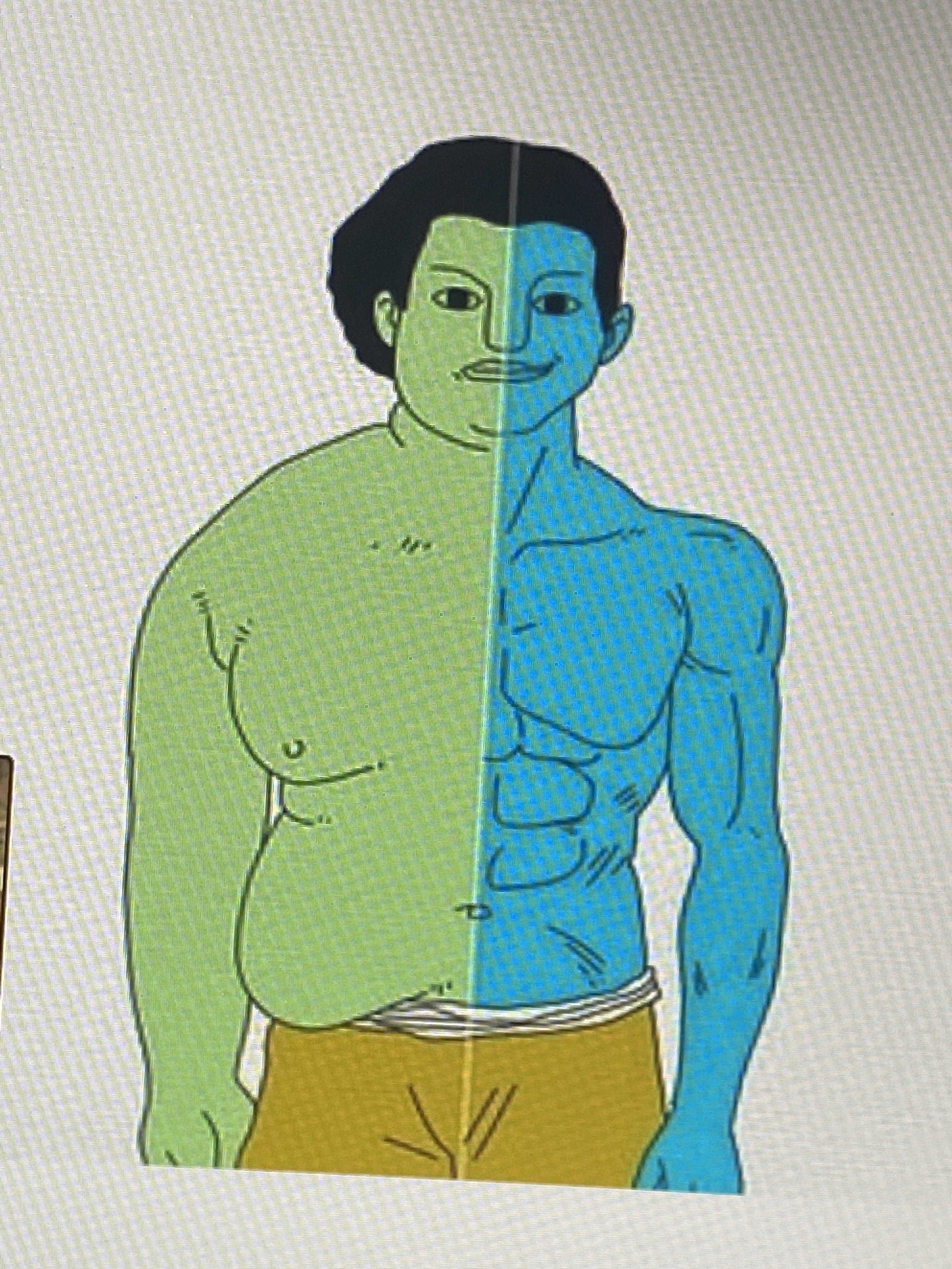 there is a picture of a man with a blue face and a green body