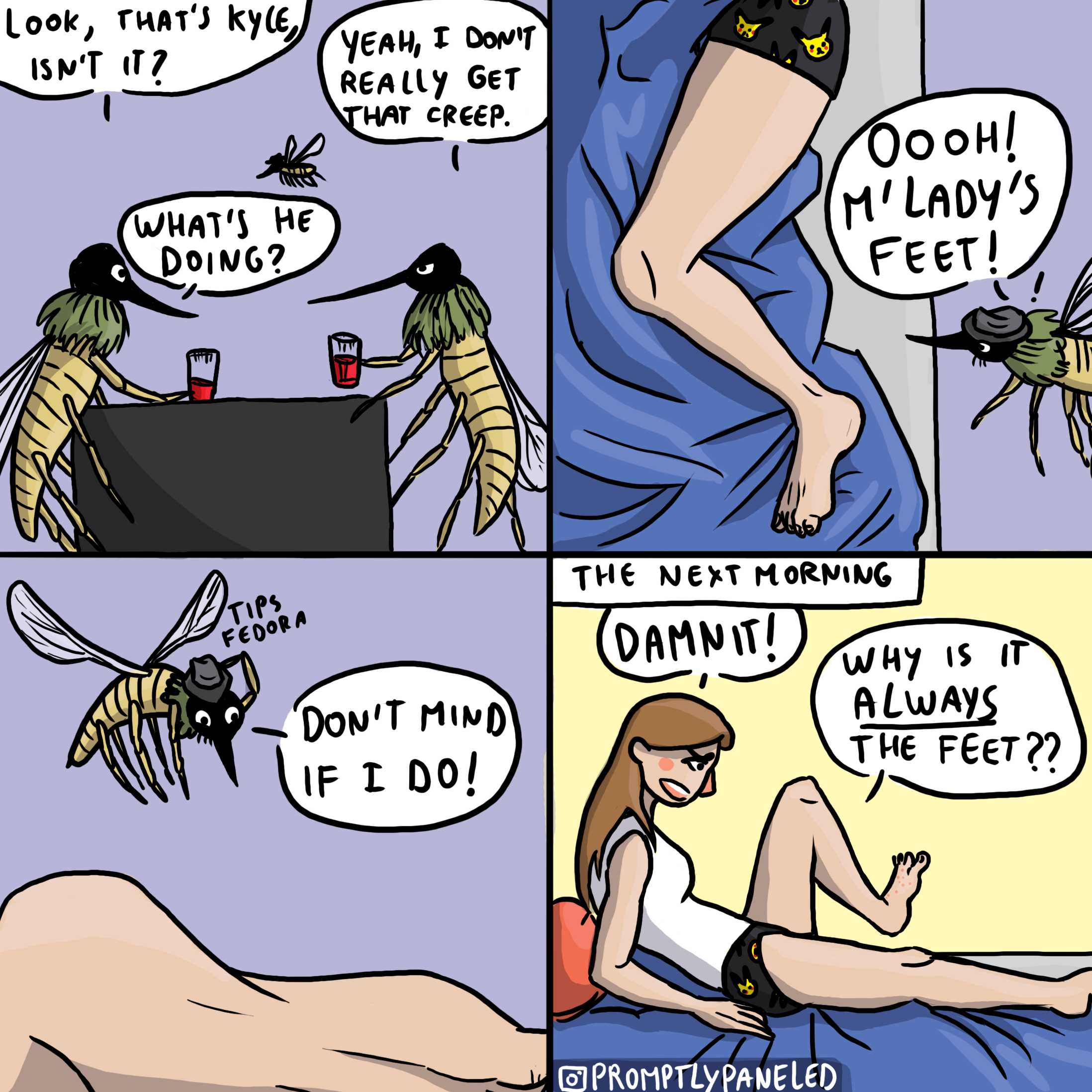 a cartoon of a woman sitting on a bed with a mosquito on her stomach