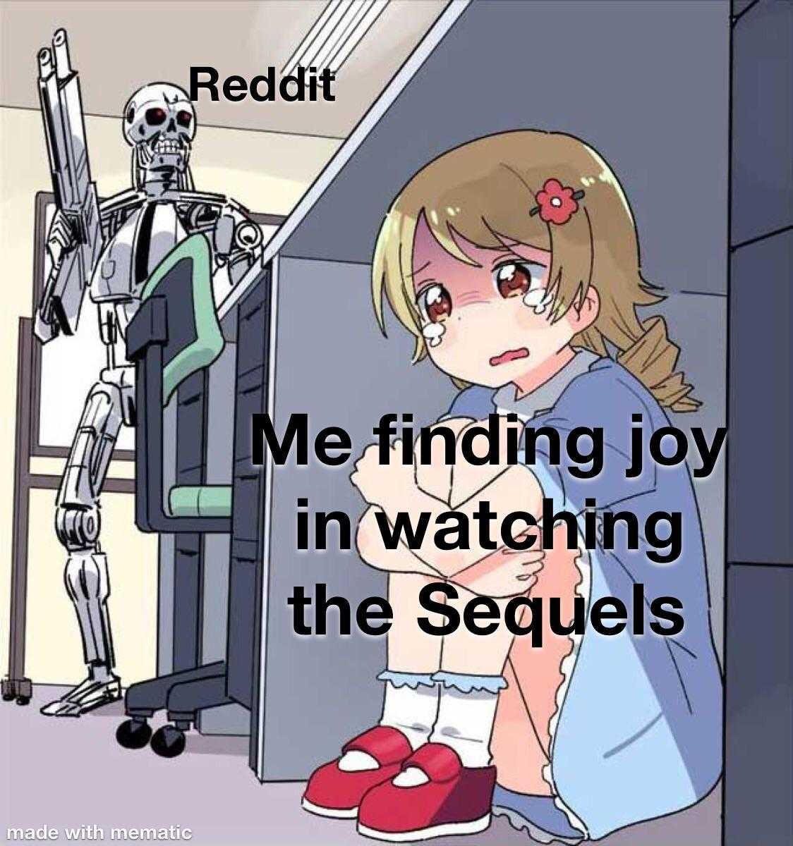 a cartoon picture of a girl and a robot with text reading, me finding joy in watching the sequels