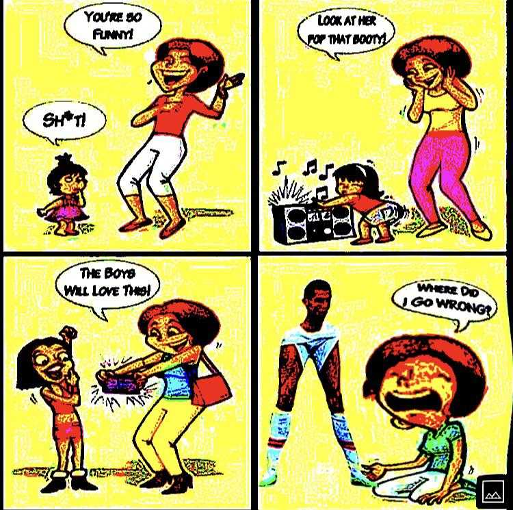 cartoon of a woman talking on a cell phone while a child plays with a toy