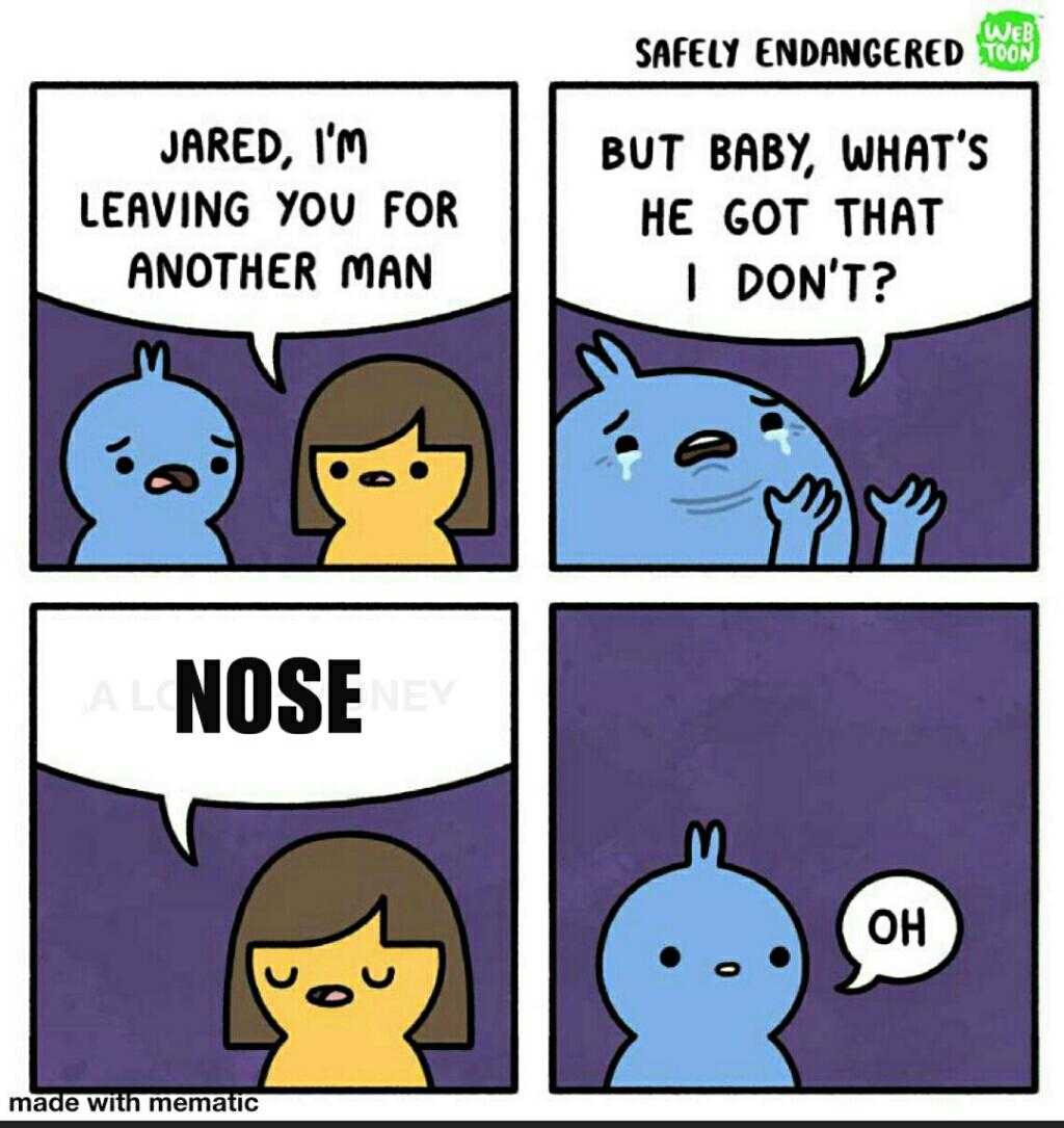 a cartoon of a woman talking to a man about a nose