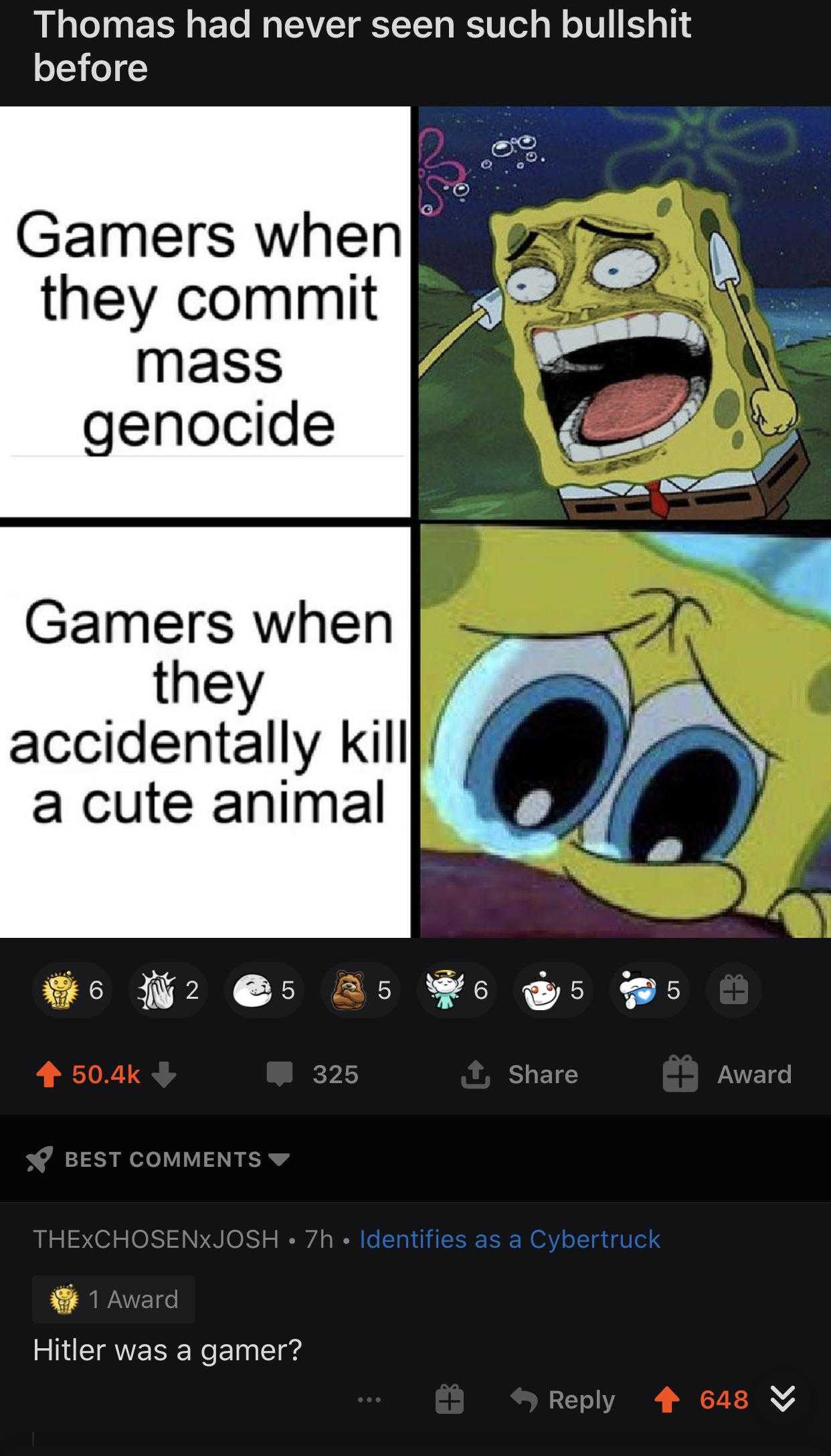 a cartoon picture of a sponge sponge with a caption saying gamers when they commit genocide gamers when