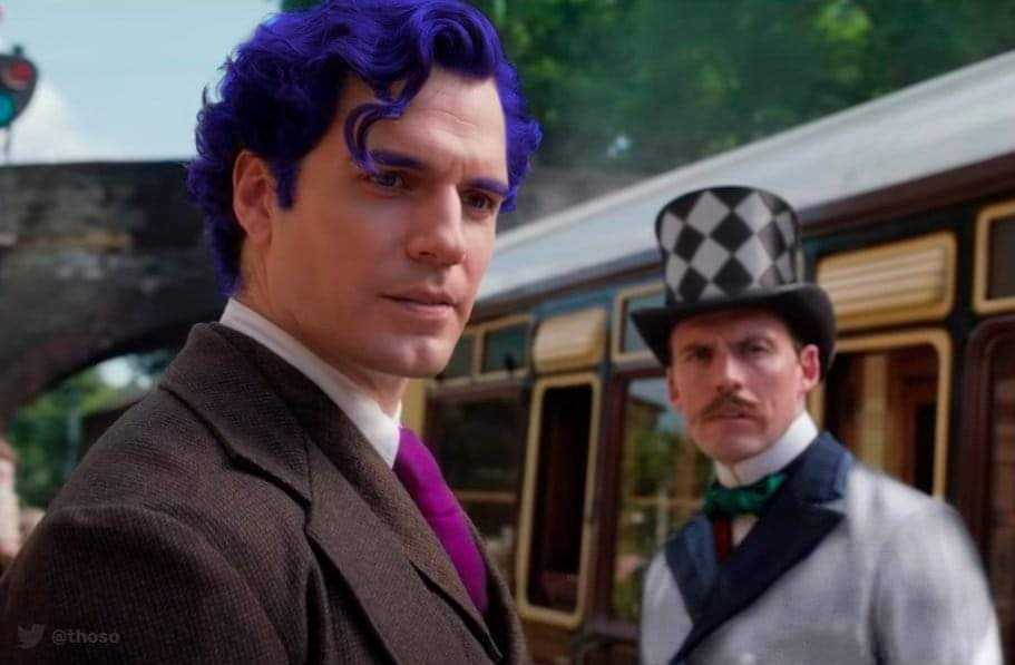 there are two men with purple hair standing next to a train