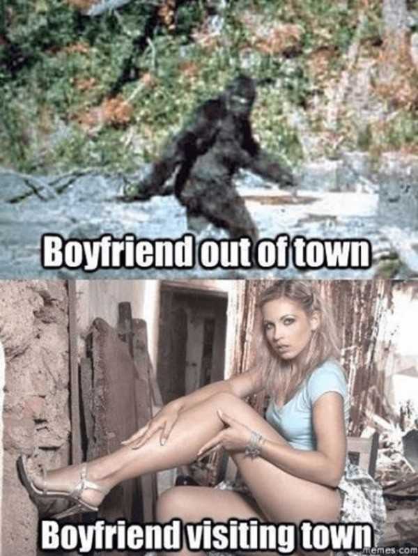 a picture taken from a facebook page of a girl sitting on a wall with a bigfoot in the background