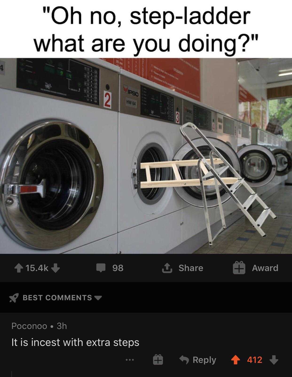 there is a picture of a row of washing machines with a ladder