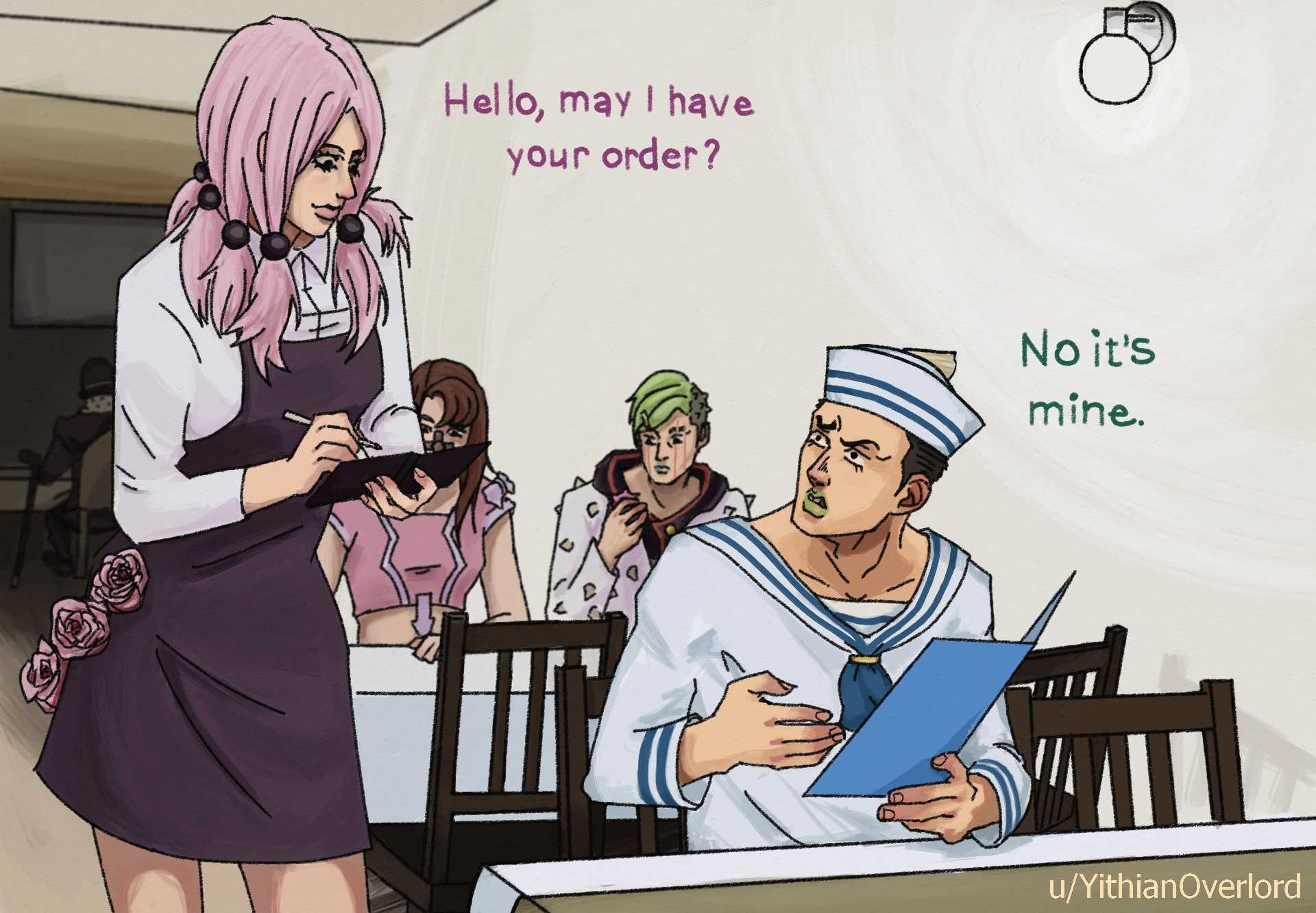 anime characters are sitting at a table with a menu in front of them