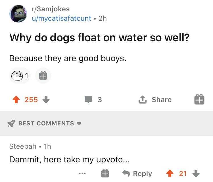 a screenshot of a twee with a caption of a dog saying why do dogs float on water so well? because they are good buys