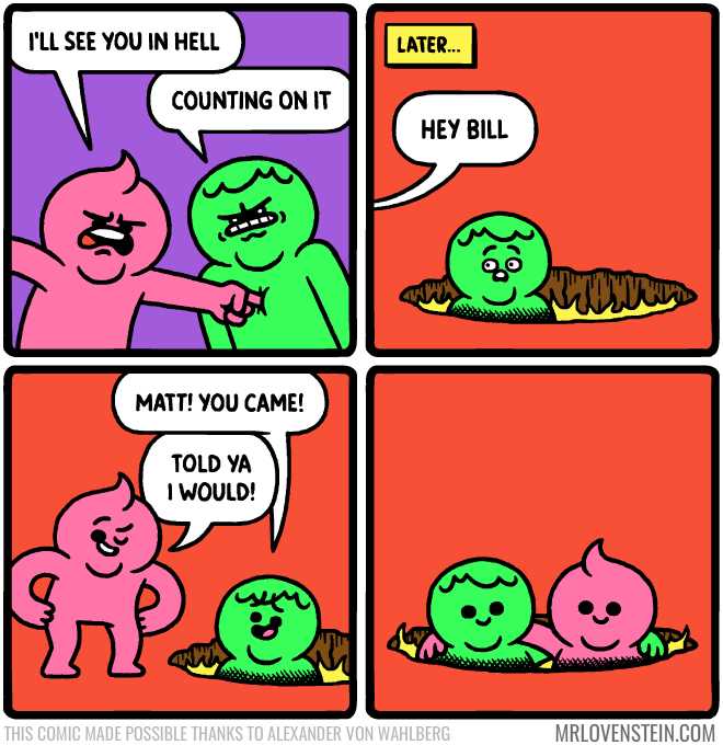 a comic strip with a cartoon of two green and pink characters, one of them is eating a doughnut