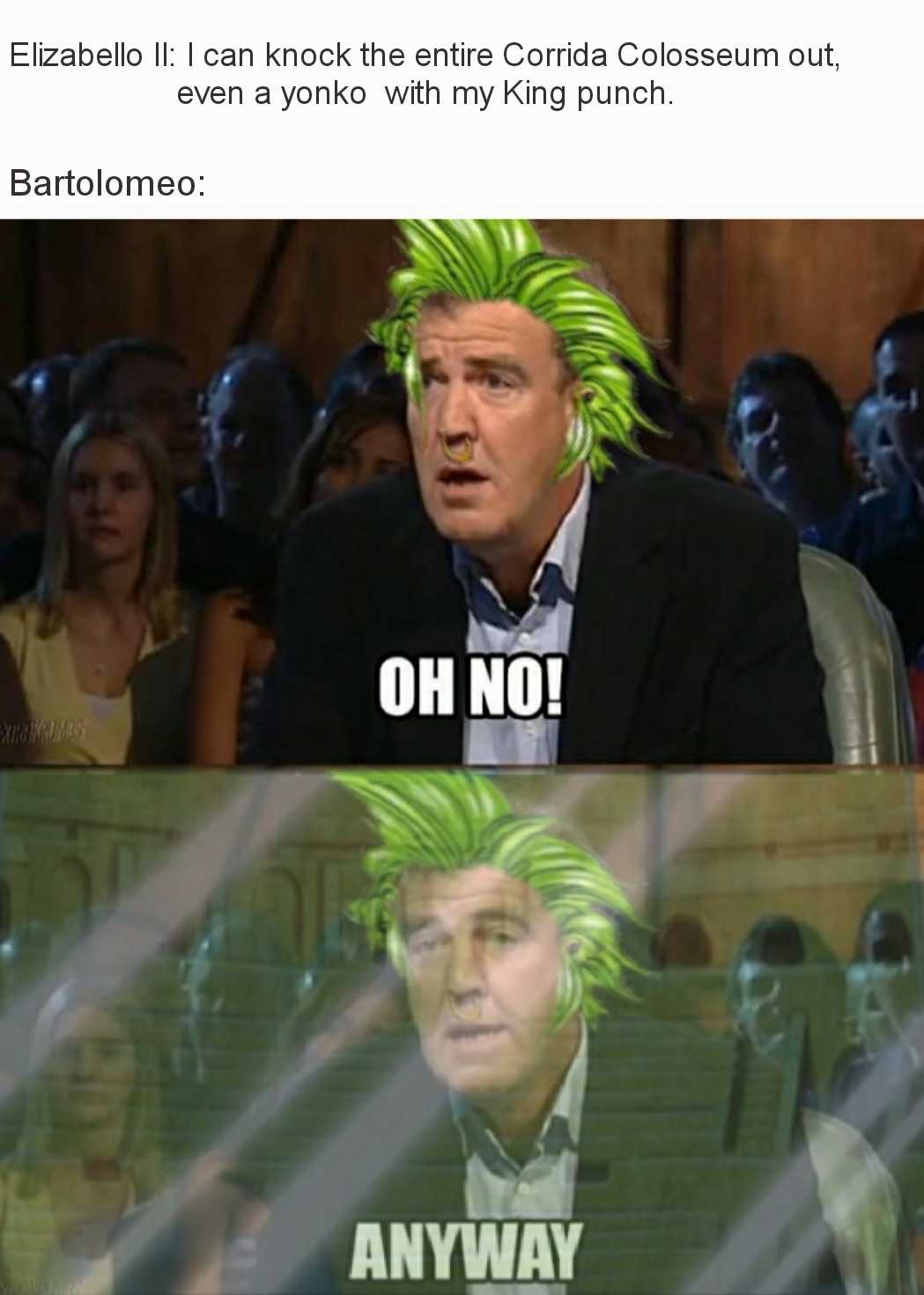 a picture taken from a meme of a man with green hair and a fake wig