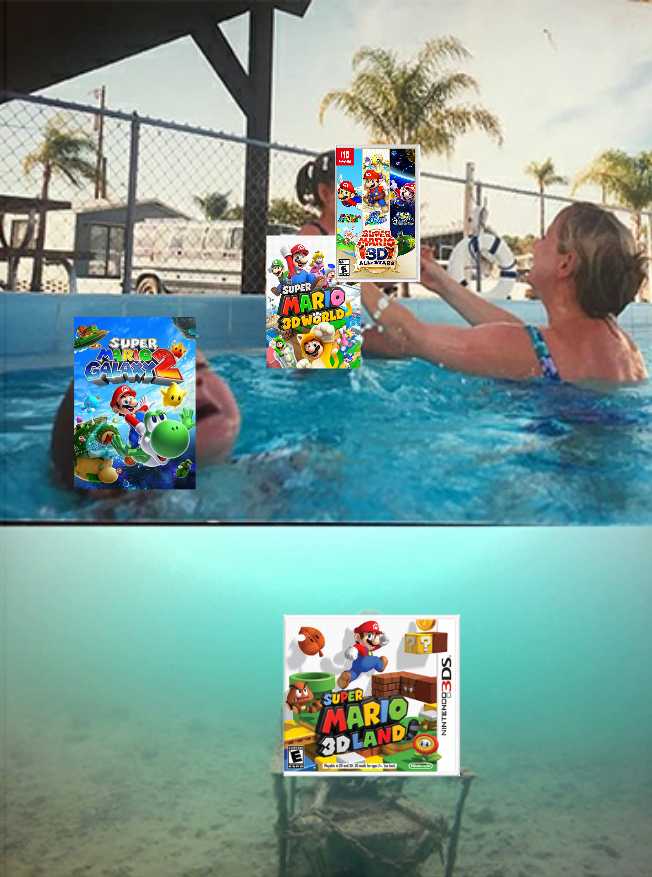 there are two pictures of a woman in a pool with a box of mario bros