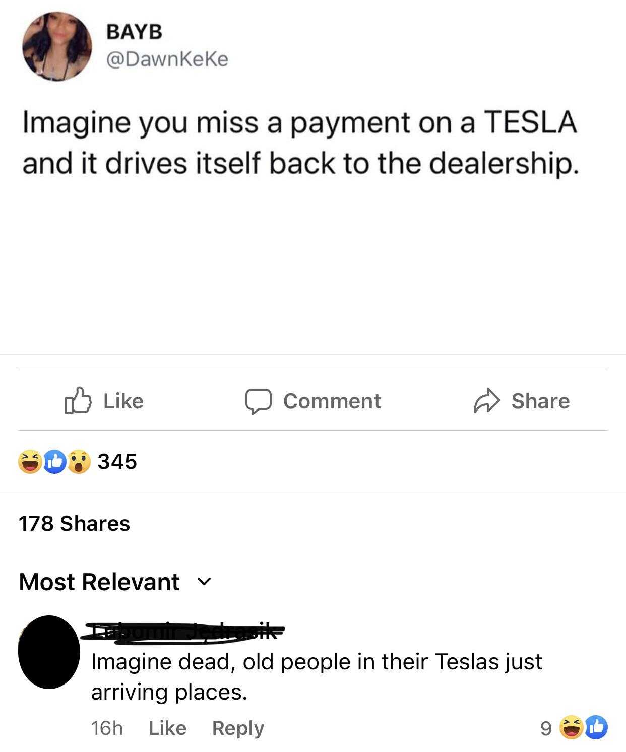 a twee message from a woman who is asking to someone to pay her a tesla