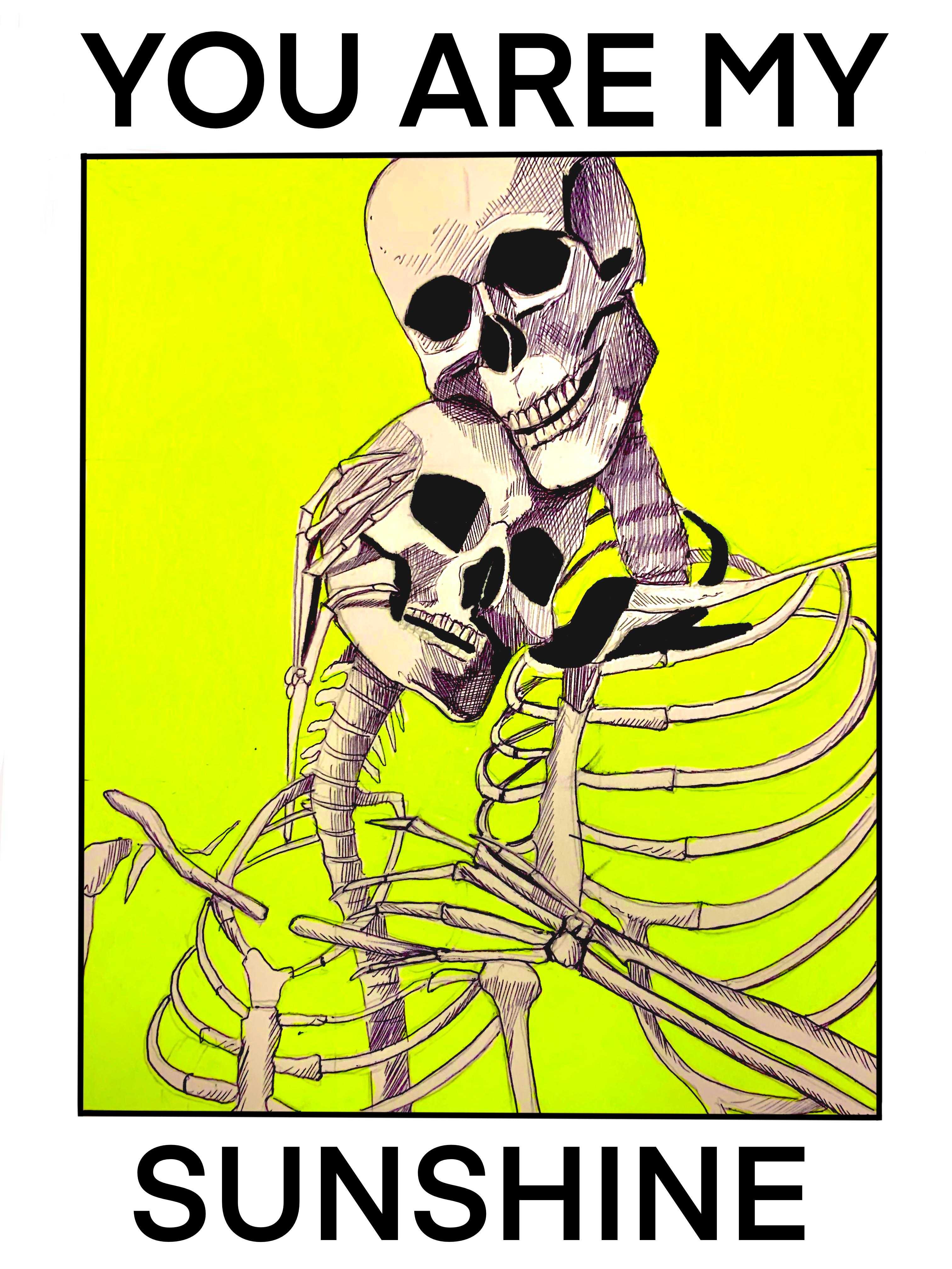 there is a poster with a skeleton and a skeleton holding a guitar