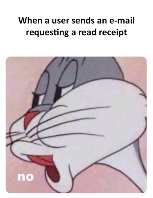 a cartoon cat with a red nose and a caption that reads when user sends an email requesting a read