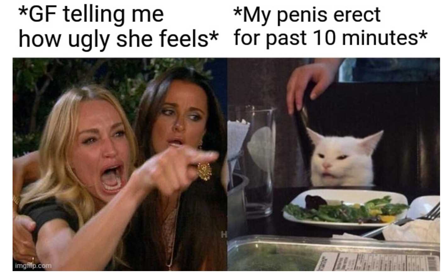 there are two pictures of a woman and a cat with a knife and fork