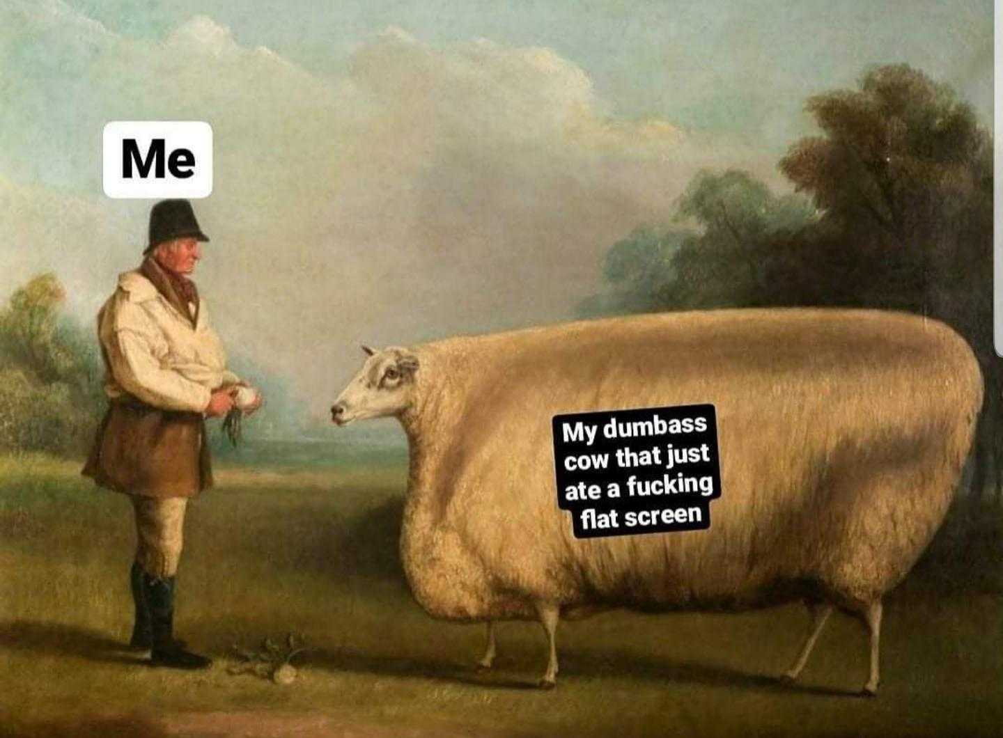 there is a painting of a man standing next to a sheep