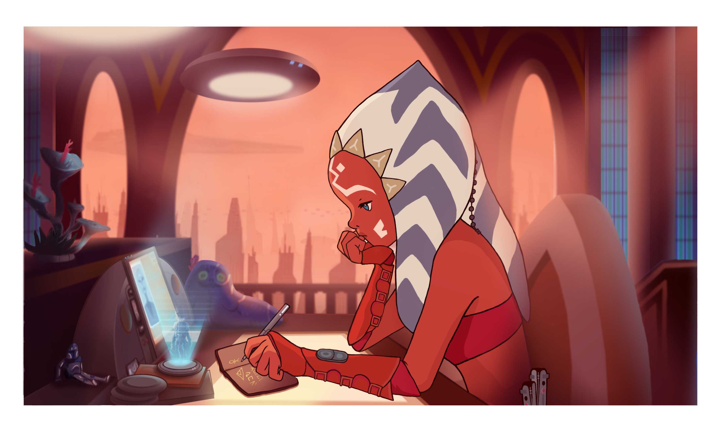 cartoon of a man in a star wars costume writing on a piece of paper