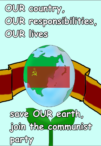 a cartoon of a globe with a flag and a ribbon around it