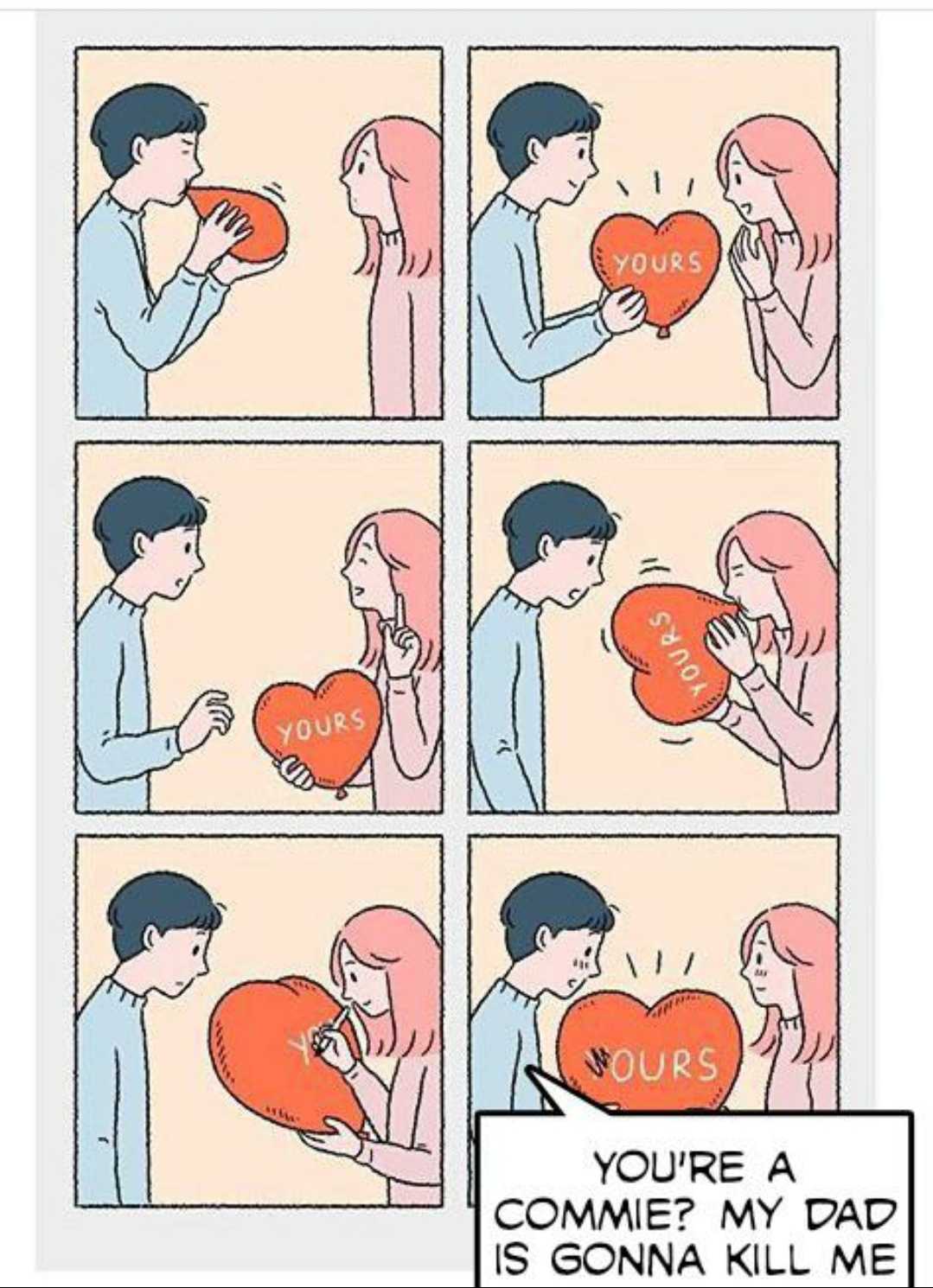 a cartoon of a man and woman holding a heart with the words you ' re a commie? my