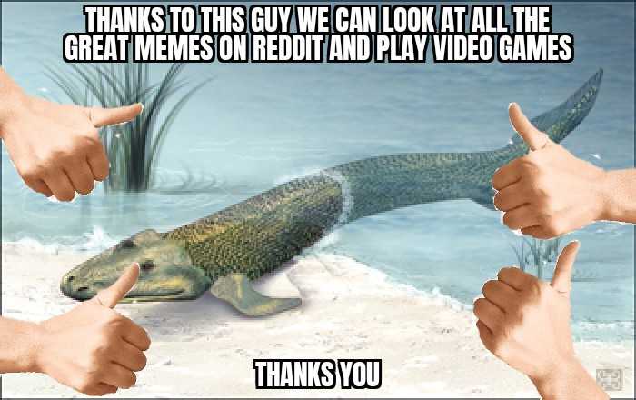 someone pointing at a fish with their fingers and a caption saying thanks to this guy we can look at all the great memes