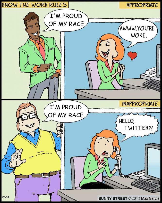 cartoon of a woman talking to a man about her work