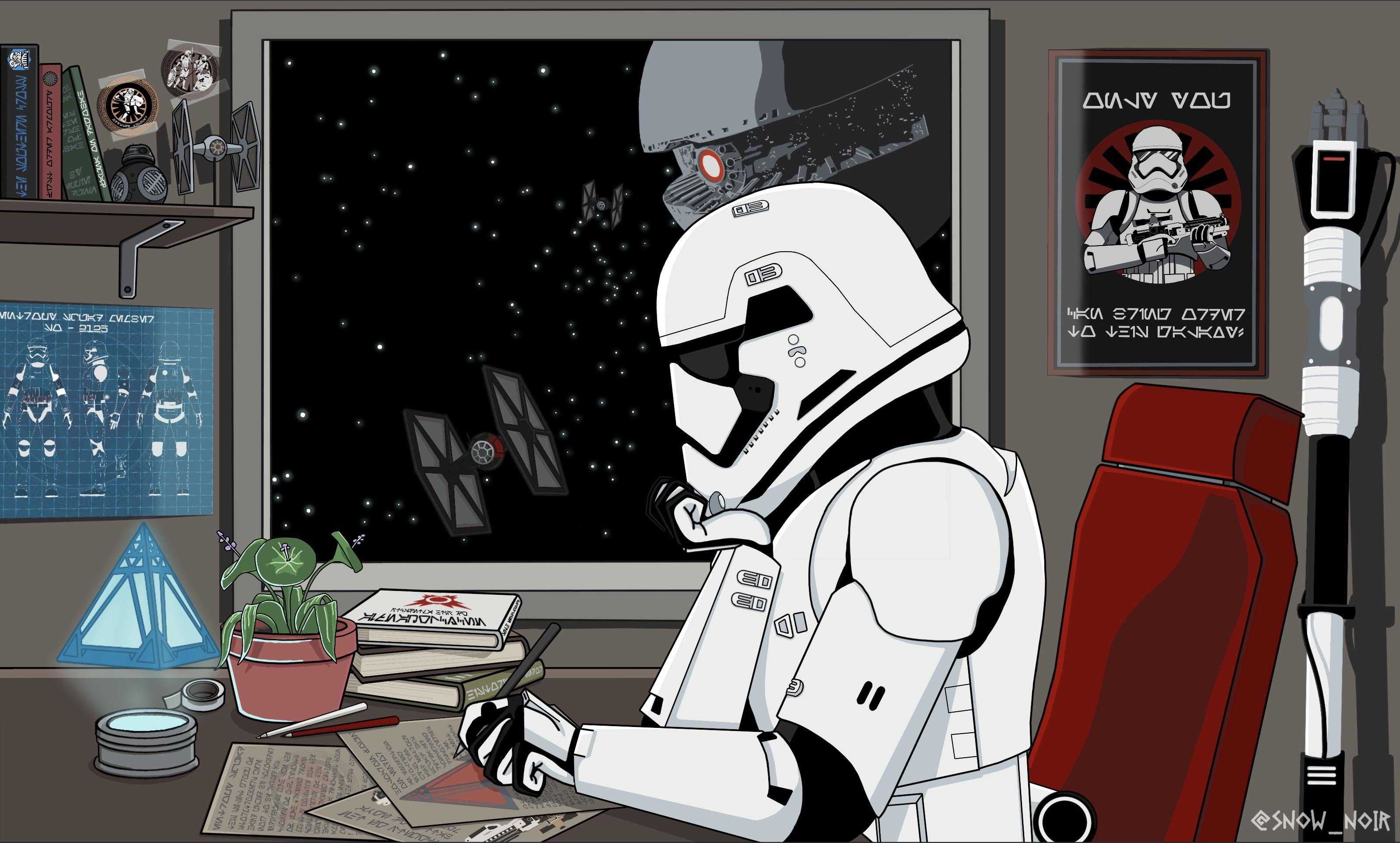 there is a cartoon of a stormtrooper sitting at a desk