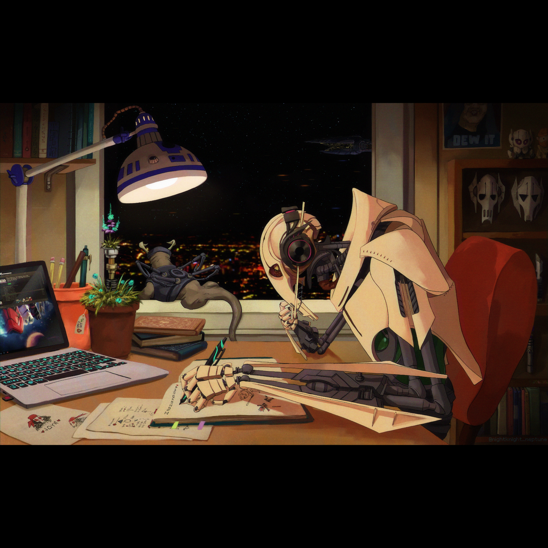 anime scene of a desk with a laptop and a robot