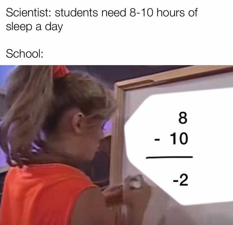 kid looking at a clock with a sign that says, scientist students need 8 - 10 hours of sleep a day school