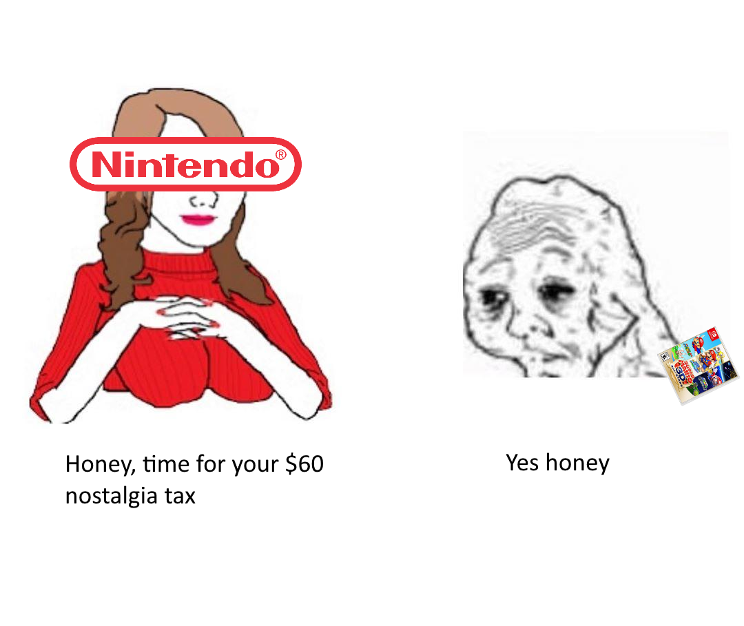 a cartoon picture of a woman with a nintendo logo over her face and a dog with a red nose