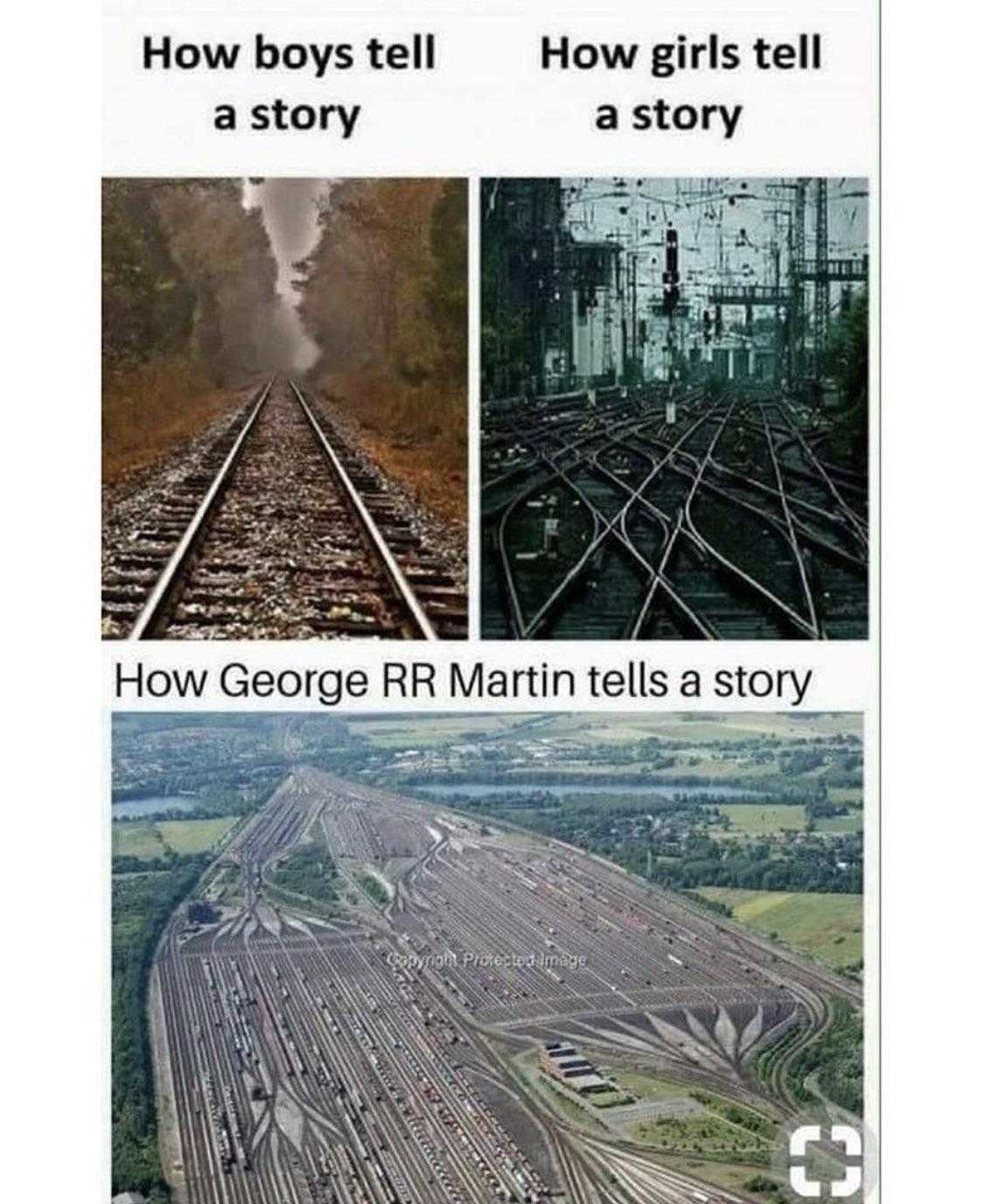 a picture of a picture of a train track with a caption of how boys tell a story