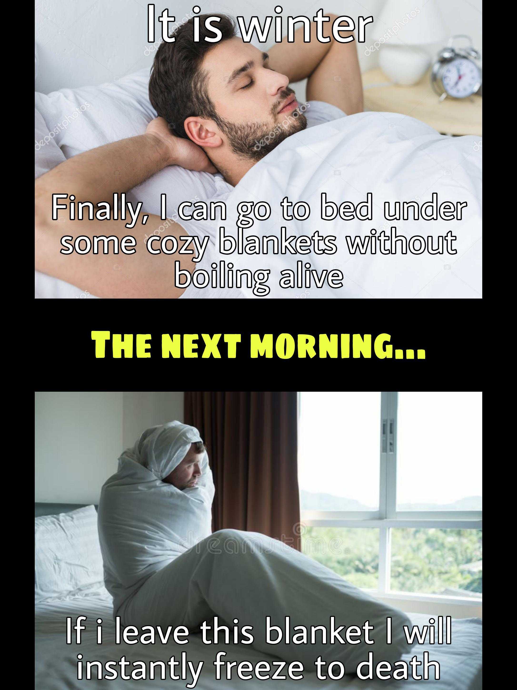 there are two pictures of a man sleeping in bed with a blanket